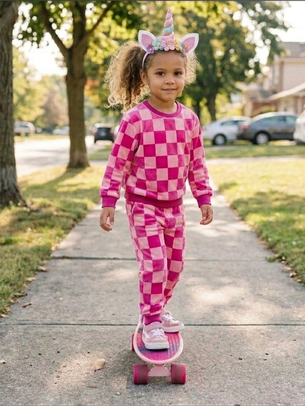 NWT Bamboo Velveteen by Bunny Knots Pink Checkered Sweatshirt & Jogger Set 4/5Y